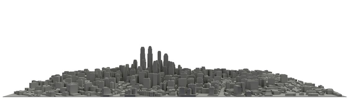 Model of city, 3d construction, close up view. Isolated on white background