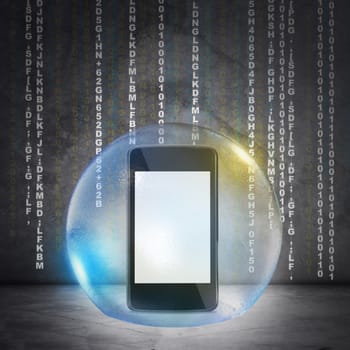 Smartphone with blank screen in bubble on abstract background