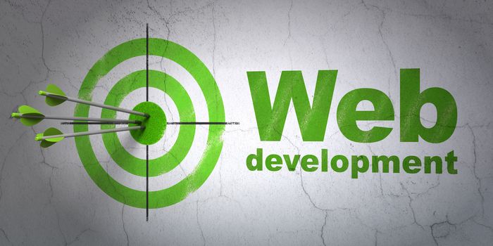 Success web design concept: arrows hitting the center of target, Green Web Development on wall background