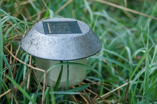 the garden lamp on solar batteries in a green garden among plants