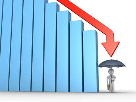 Graphic chart of columns and arrow is going downwards and businessman is protected by umbrella