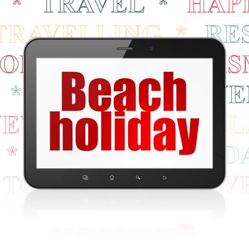 Tourism concept: Tablet Computer with  red text Beach Holiday on display,  Tag Cloud background