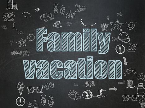 Tourism concept: Chalk Blue text Family Vacation on School Board background with Scheme Of Hand Drawn Vacation Icons