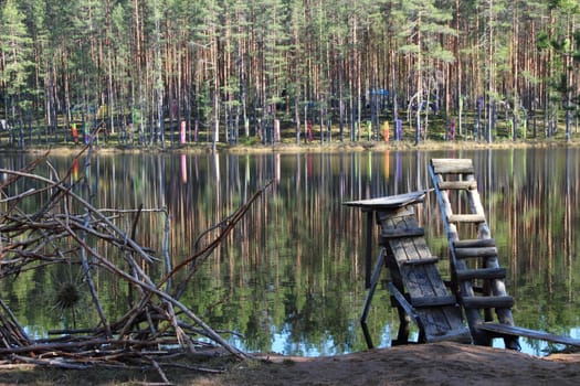 wooden installation in the spruce-pine forest near the lake