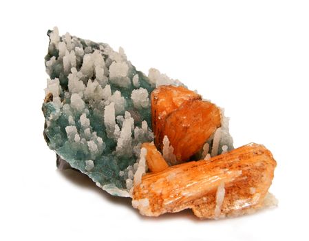 Orange stilbite crystals on blue chalcedony stalactite matrix from India