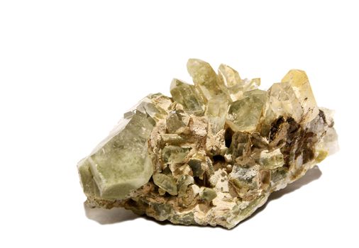 Cluster of natural green chlorite quartz crystals on white