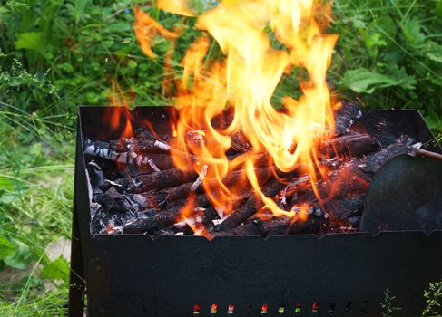 Fire flame burning in the barbecue in the garden