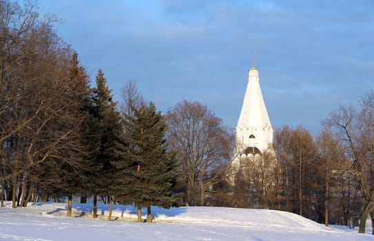 Church of the Ascension in winter in National Museum Kolomenskoye, Russia