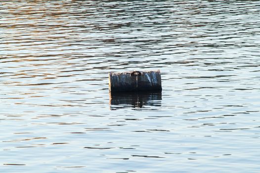 a metal barrel in the water swims alone on the river