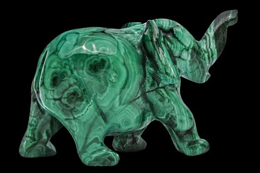 Elephant figurine from malachite, isolated on black background, with clipping path