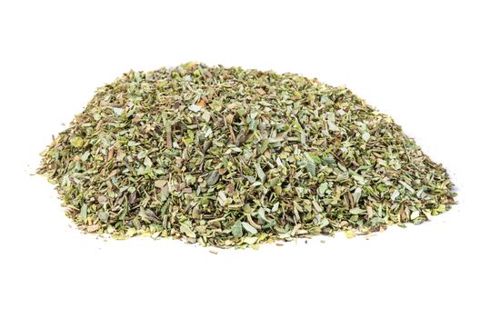 Heap of dried oregano spice isolated on white background