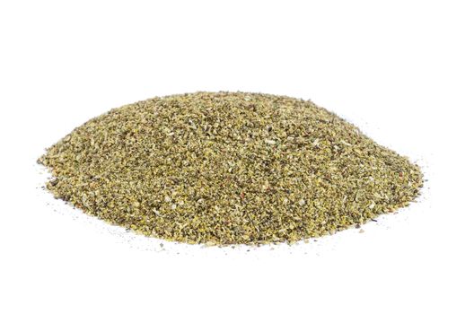 Heap of dried Winter Savory spice isolated on white background