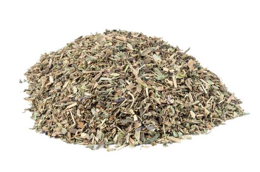 Heap of dried basil spice isolated on white background