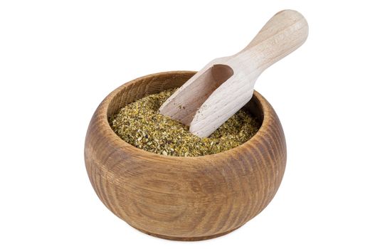 Portion of dried Winter Savory spice in wooden bowl isolated on white background with clipping path