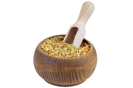 Vegeta spices in wooden bowl isolated on white background with clipping path