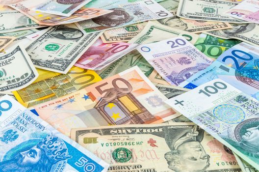 Background made of dollar, euro and polish zloty banknotes 