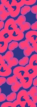 Random pink and purple shapes in repeating blue background pattern