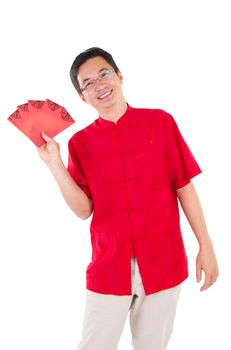 Happy oriental man open her arms looking up with surprising face, isolated on white background.