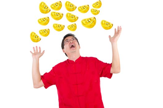 Happy oriental man open her arms looking up with surprising face, isolated on white background.