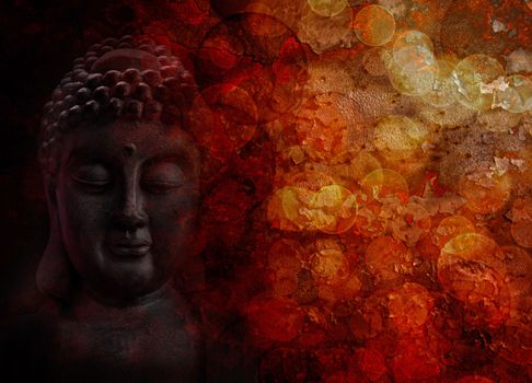 Bronze Zen Buddha Statue Meditating Face Front Portrait with Blurred Textured Red Background