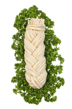 Cheese for beer and greenery on an isolated studio background