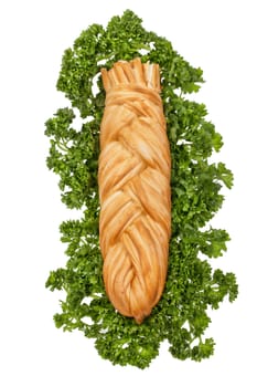 Cheese for beer and greenery on an isolated studio background