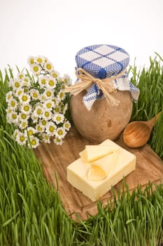 Butter, milk pot and camomiles on a green grass