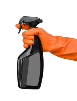 Hand in gloves holds black color spray bottle. Isolated on a white background. Save clipping path.