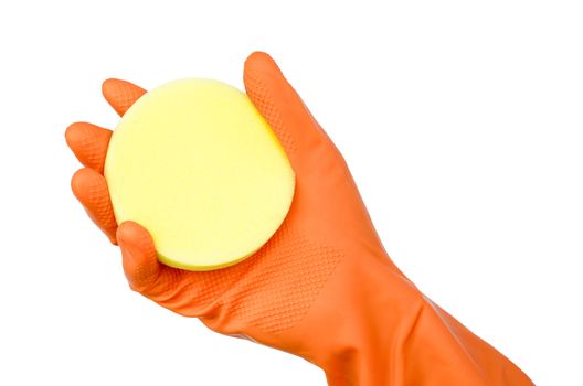 Hand in glove with yellow sponge isolated on white background. Save clipping path.