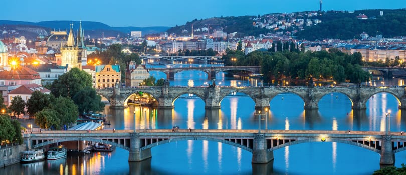 Panorama view of Bridges on Vltava, Prague at dusk Czech Republic