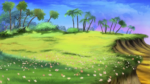 Digital painting of the tropical glade with palms, grass, flowers and precipice.