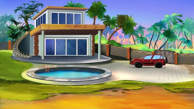 Digital painting of the small Villa in a tropical garden.