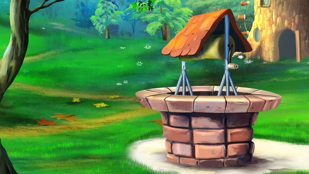 Digital painting of the stone well in the meadow.