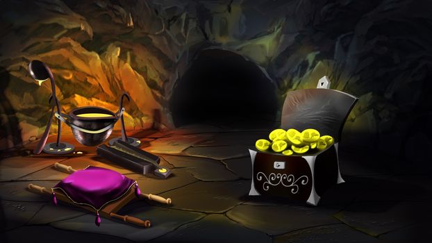 Digital painting of Chest full of gold bullion in a dark magic cave.