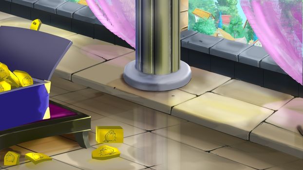 Digital painting of Chest full of gold bullion. Side view.