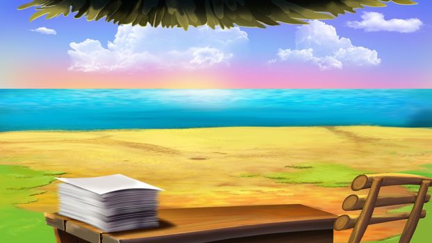 Digital painting of the Discoverer residence on small pirate island. Sea view.