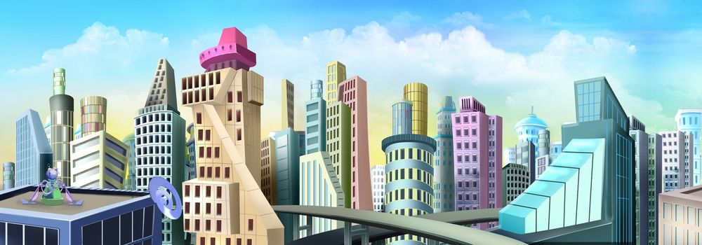 Digital painting of the city of the future with skyscrapers and bridge