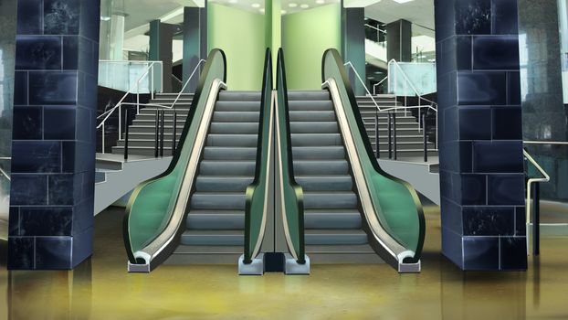 Digital painting of the building entrance with escalator.