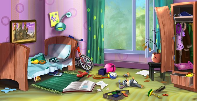 Digital painting of the room of little boy with toys, bed, books and other objects.