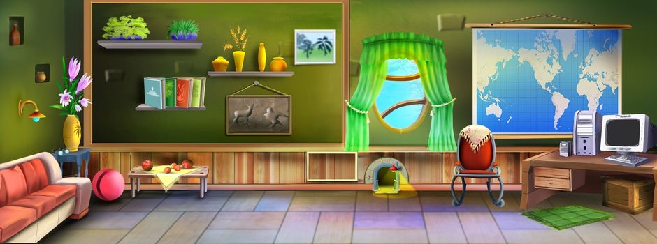 Digital painting of the room interior with sofa, window and many objects.