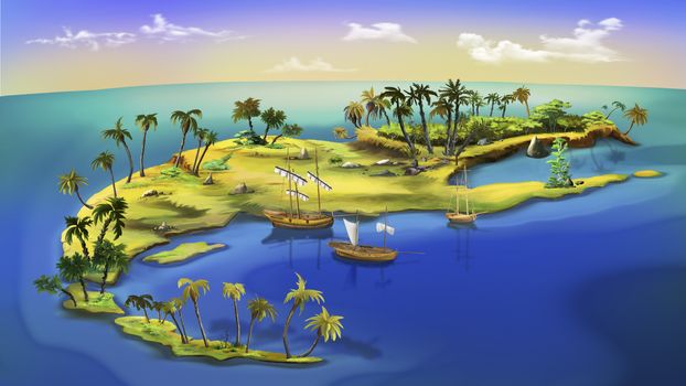 Digital painting of the small pirate island with boats and palms.