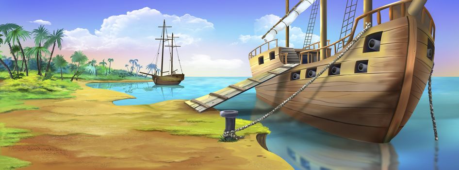 Digital painting of the pirate ship near a island with sails and stair. Panorama.