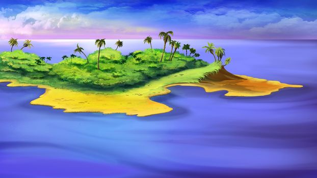 Digital painting of the small island in a ocean with palms.