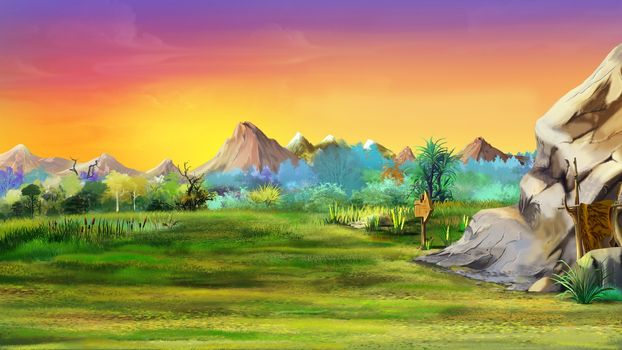 tal painting of Stone cave (left)  in prehistoric times in Africa. Summer day view with a stones, trees and mountains. Long shot.