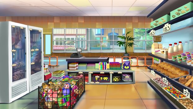 Digital painting of the supermarket interior with shelves full of goods. Image 03.