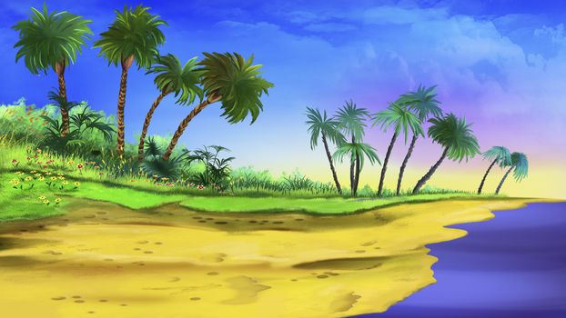 Digital painting of the tropical Beach with palms, grass and sand.