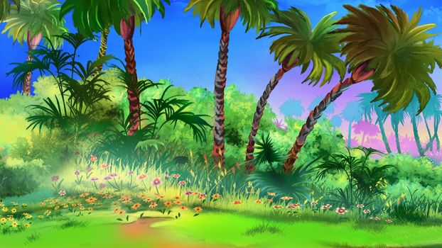 Digital painting of the tropical garden with palms, grass and flowers.