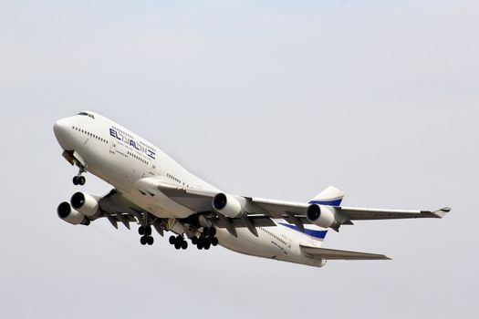 MOSCOW, RUSSIA - MAY 10, 2013: El Al Boeing 747 takes off Domodedovo International Airport, Russia.