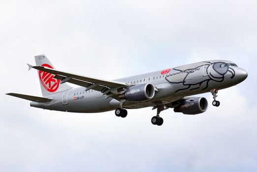 BERLIN, GERMANY - AUGUST 17, 2014: Niki Airbus A320 arrives to the Tegel International Airport.