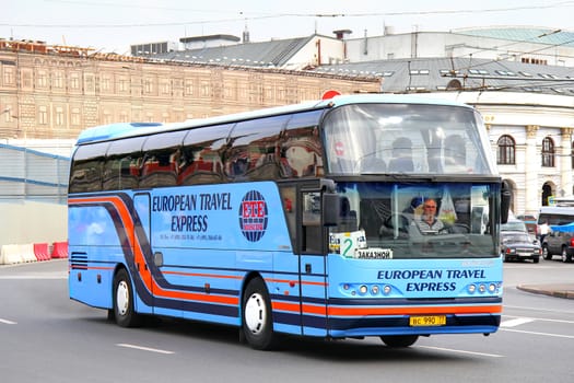 MOSCOW, RUSSIA - AUGUST 7, 2012: Blue Neoplan N1116 Cityliner interurban coach at the city street.